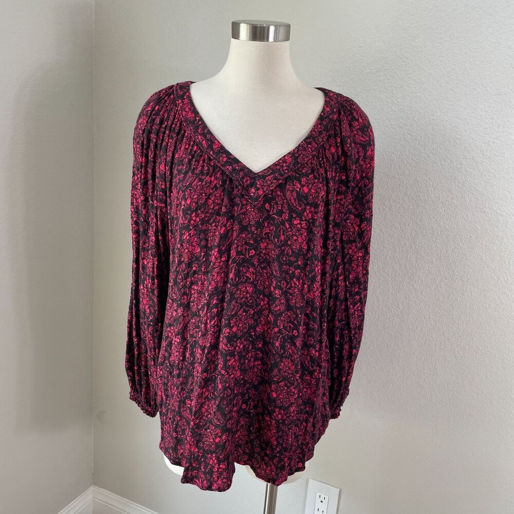 Democracy Womens Plus 3X  Floral V Neck Tunic Top Long Sleeve Blouse‎ Shirt